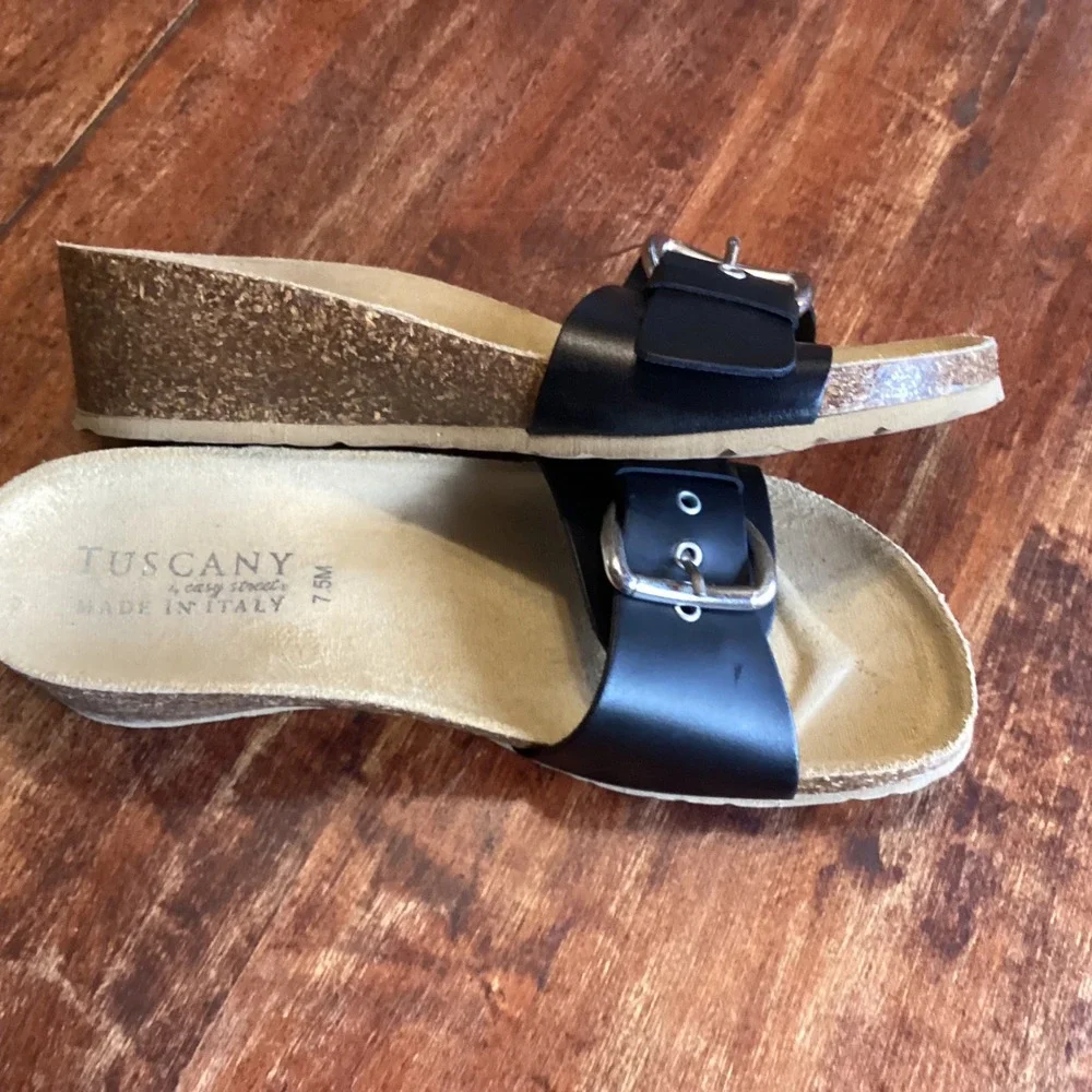 Tuscany by Easy Street Black Buckle Cork Wedge Slide Sandals Made in Italy‎ 7.5M
